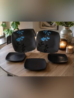 Home Eventide Bloom Stoneware Plate Set 5 Pc Black Blue Floral Square Plates